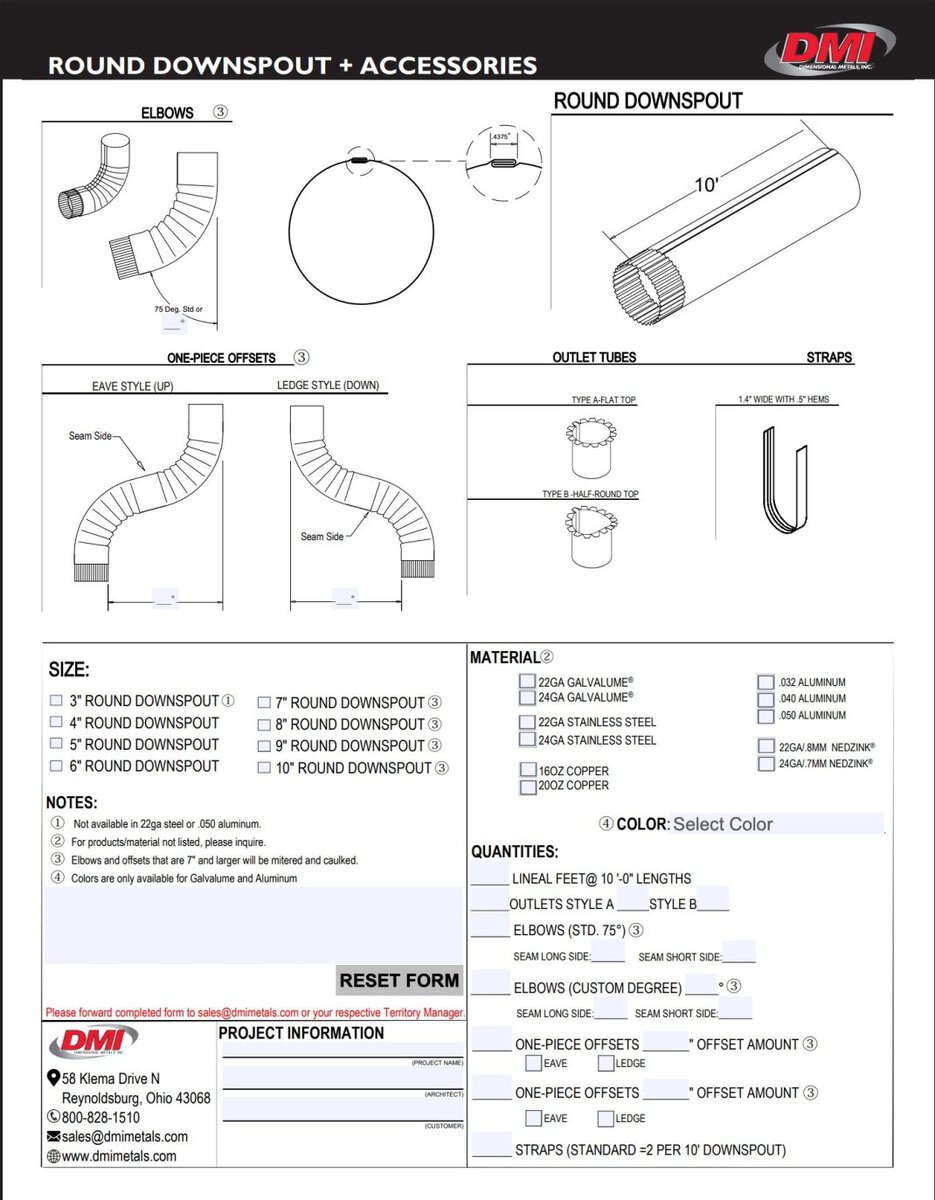 Round downspout and accessories specification sheet